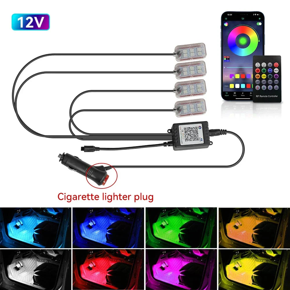 LED Car Interior Ambient Lights Kit - RGB Foot Strip Lighting with Remote & App Music Control